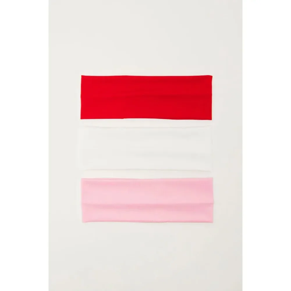 Athletic Girly 3 Piece Headband Set Red White Pink Multi Performance Knit